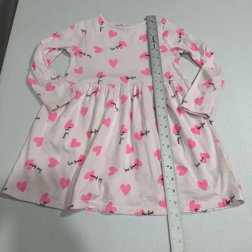H&M Girls Dress Pink Heart Print Round Neck Long Sleeve Size 4-6 Summer casual